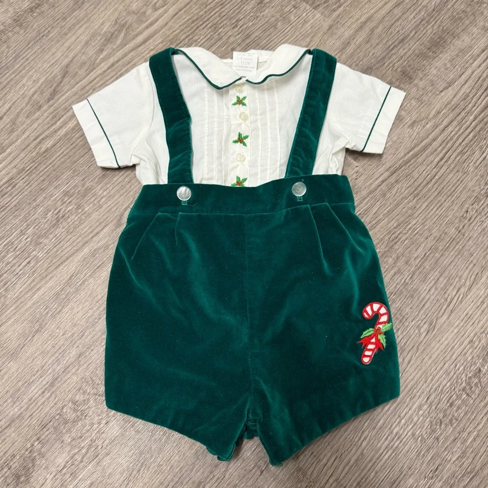 Vintage Christmas Holly & Candy Cane Velvet Suspender Shorts Set‎ 6-9 Months